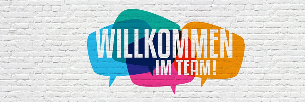 Grafik mit bunten Sprechblasen und Willkommen in Textform